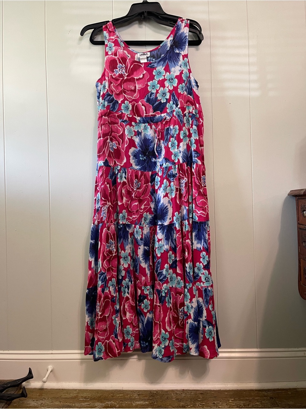 Women's Tiered Cotton Floral Maxi Dress in Pink and Blue